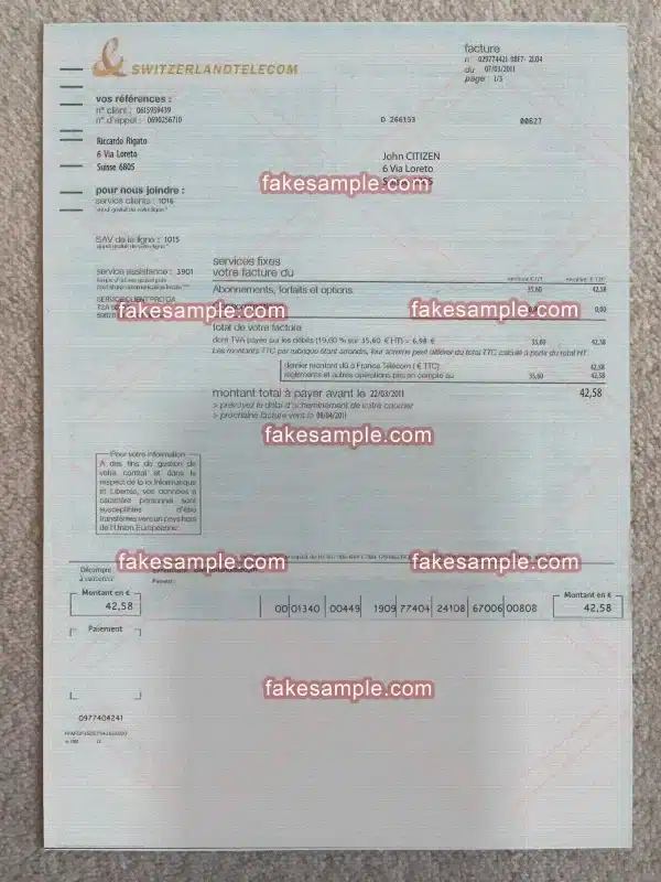 Switzerland (Version 1) Utility Bill Fake Template