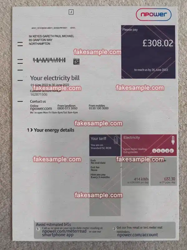 British (Version 1) Utility Bill Fake Template