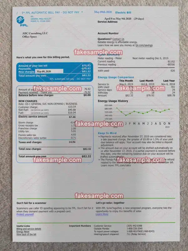 Florida Utility Bill Fake Template