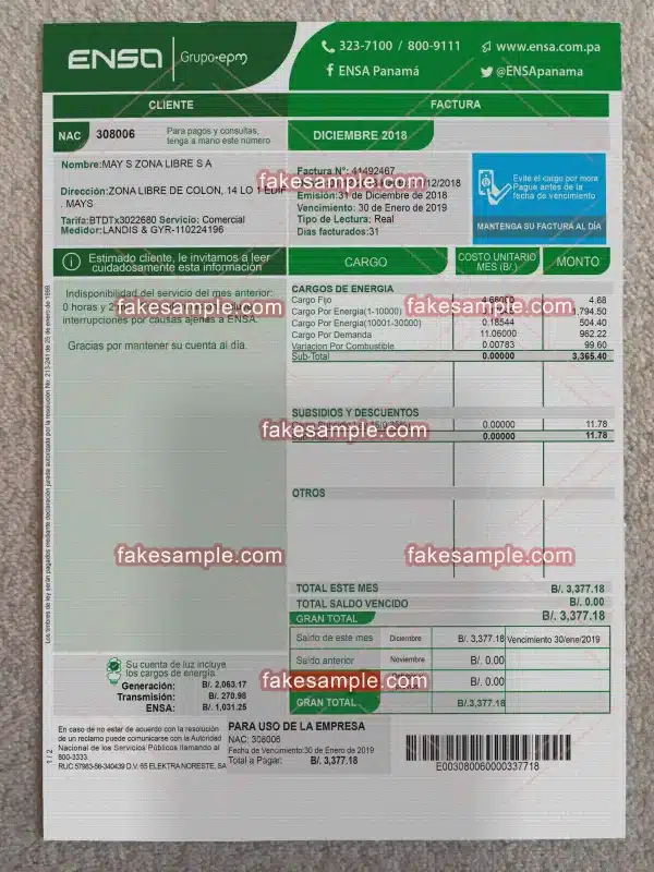 Panama (Version 1) Utility Bill Fake Template