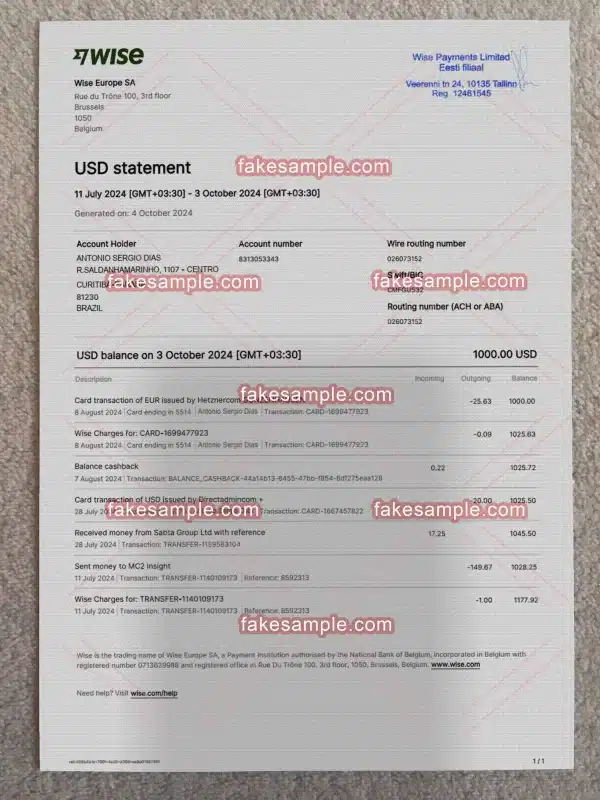 Wise Bank Statement Fake Template