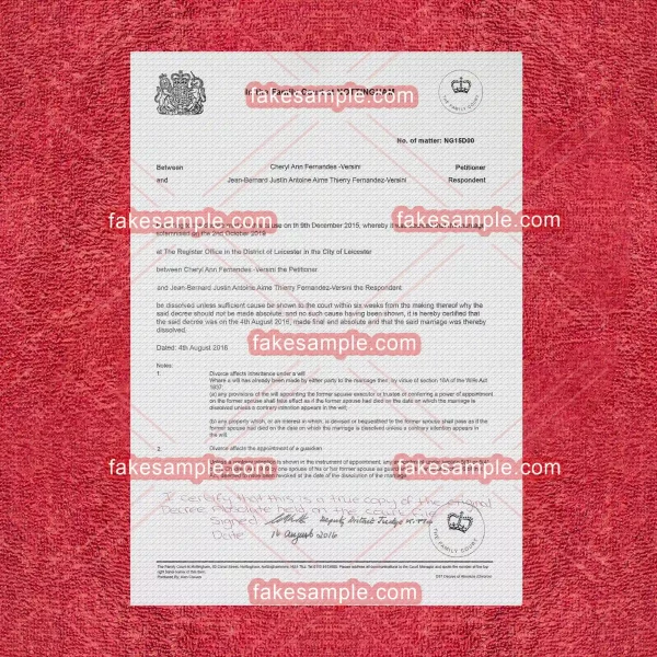 United Kingdom UK (Version 1) Divorce Decree & Certificate Fake Template