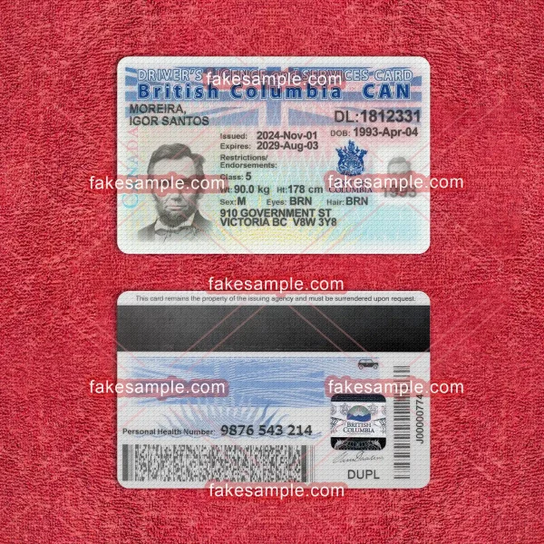 British Columbia (BC) Driver Licence Fake Template