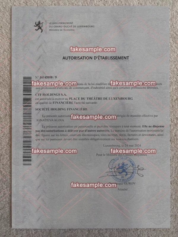 Luxembourg (Version 1) Business Licenses & Permits Fake Template